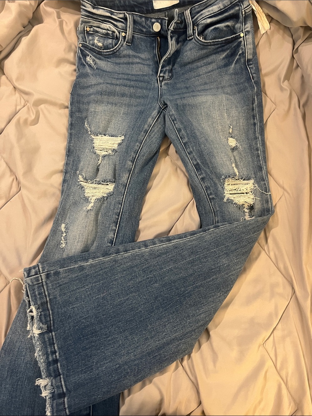 Flared Distressed Blue Denim Jeans for Women
